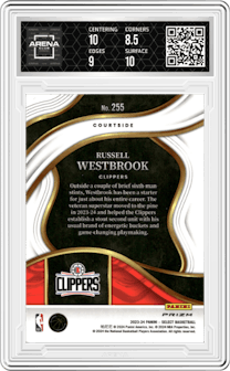 Russell Westbrook from the 2023-24 Panini Select  set featuring a Tiger parallel graded by Arena Club and given an overall grade of 9.