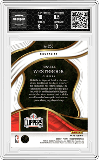 Russell Westbrook from the 2023-24 Panini Select  set featuring a Tiger parallel graded by Arena Club and given an overall grade of 9.