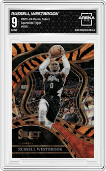 Russell Westbrook from the 2023-24 Panini Select  set featuring a Tiger parallel graded by Arena Club and given an overall grade of 9.