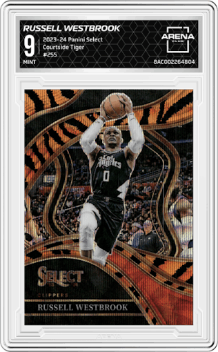 Russell Westbrook from the 2023-24 Panini Select  set featuring a Tiger parallel graded by Arena Club and given an overall grade of 9.