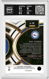 Joel Embiid from the 2023-24 Panini Select  set featuring a Tiger parallel graded by Arena Club and given an overall grade of 8.