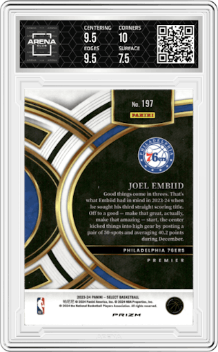 Joel Embiid from the 2023-24 Panini Select  set featuring a Tiger parallel graded by Arena Club and given an overall grade of 8.