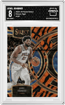 Joel Embiid from the 2023-24 Panini Select  set featuring a Tiger parallel graded by Arena Club and given an overall grade of 8.