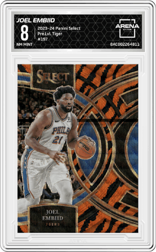 Joel Embiid from the 2023-24 Panini Select  set featuring a Tiger parallel graded by Arena Club and given an overall grade of 8.