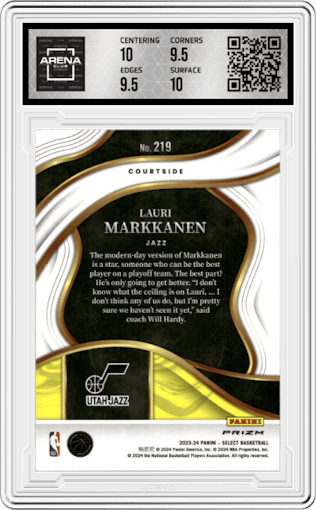 Lauri Markkanen  from the 2023-24 Panini Select  set featuring a Tiger parallel graded by Arena Club and given an overall grade of 10.