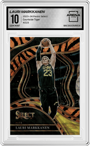 Lauri Markkanen  from the 2023-24 Panini Select  set featuring a Tiger parallel graded by Arena Club and given an overall grade of 10.