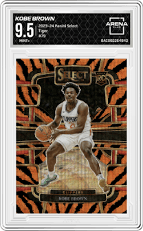 Kobe Brown from the 2023-24 Panini Select  set featuring a Tiger parallel graded by Arena Club and given an overall grade of 9.5.