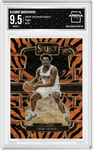 Kobe Brown from the 2023-24 Panini Select  set featuring a Tiger parallel graded by Arena Club and given an overall grade of 9.5.