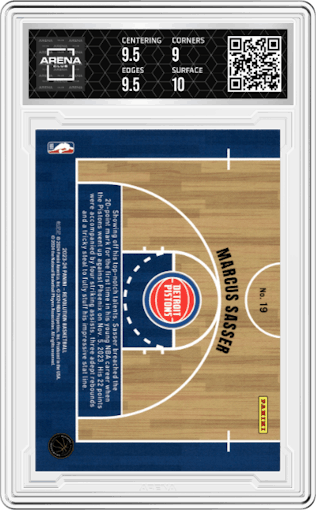 Marcus Sasser from the 2023-24 Panini Revolution set graded by Arena Club and given an overall grade of 9.5.