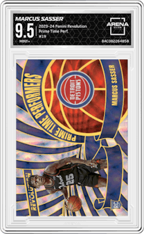 Marcus Sasser from the 2023-24 Panini Revolution set graded by Arena Club and given an overall grade of 9.5.