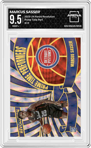 Marcus Sasser from the 2023-24 Panini Revolution set graded by Arena Club and given an overall grade of 9.5.