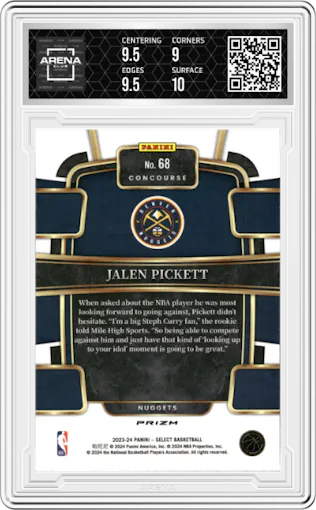 Jalen Pickett from the 2023-24 Panini Select  set featuring a Tiger parallel graded by Arena Club and given an overall grade of 9.5.