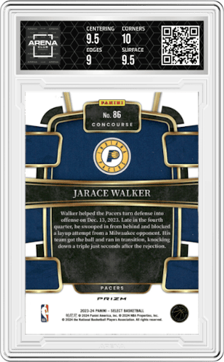 Jarace Walker from the 2023-24 Panini Select  set featuring a Tiger parallel graded by Arena Club and given an overall grade of 9.5.