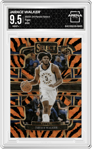 Jarace Walker from the 2023-24 Panini Select  set featuring a Tiger parallel graded by Arena Club and given an overall grade of 9.5.