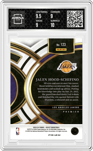 Jalen Hood-Schifino from the 2023-24 Panini Select  set featuring a Tiger parallel graded by Arena Club and given an overall grade of 9.5.