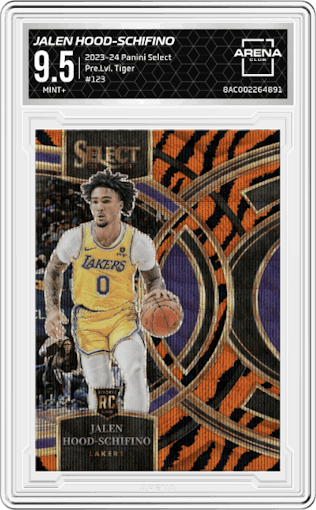 Jalen Hood-Schifino from the 2023-24 Panini Select  set featuring a Tiger parallel graded by Arena Club and given an overall grade of 9.5.