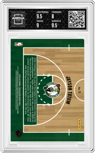 Jayson Tatum from the 2023-24 Panini Revolution set graded by Arena Club and given an overall grade of 8.5.