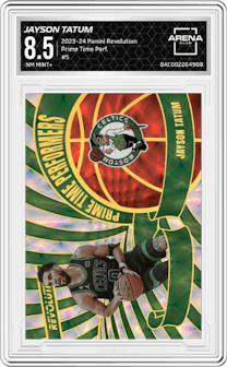 Jayson Tatum from the 2023-24 Panini Revolution set graded by Arena Club and given an overall grade of 8.5.