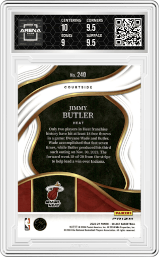 Jimmy Butler from the 2023-24 Panini Select  set featuring a Elephant parallel graded by Arena Club and given an overall grade of 9.5.