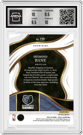 Desmond Bane from the 2023-24 Panini Select  set featuring a Elephant parallel graded by Arena Club and given an overall grade of 10.