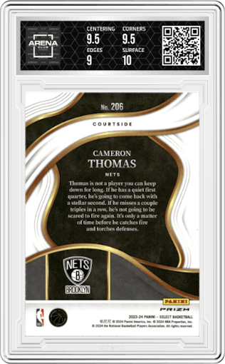 Cameron Thomas  from the 2023-24 Panini Select  set featuring a Elephant parallel graded by Arena Club and given an overall grade of 9.5.
