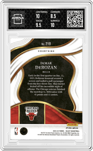DeMar DeRozan from the 2023-24 Panini Select  set featuring a Elephant parallel graded by Arena Club and given an overall grade of 9.