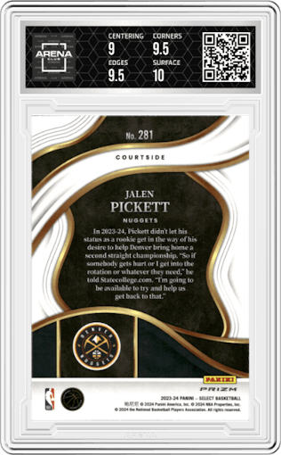 Jalen Pickett from the 2023-24 Panini Select  set featuring a Elephant parallel graded by Arena Club and given an overall grade of 9.5.