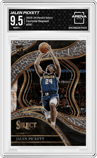 Jalen Pickett from the 2023-24 Panini Select  set featuring a Elephant parallel graded by Arena Club and given an overall grade of 9.5.