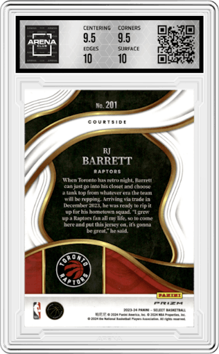 RJ Barrett from the 2023-24 Panini Select  set featuring a Elephant parallel graded by Arena Club and given an overall grade of 10.