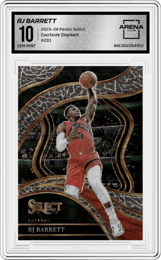 RJ Barrett from the 2023-24 Panini Select  set featuring a Elephant parallel graded by Arena Club and given an overall grade of 10.