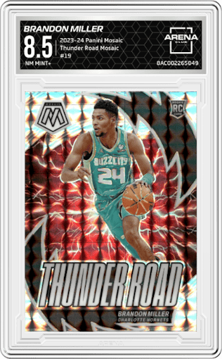 Brandon Miller from the 2023-24 Panini Mosaic set featuring a Mosaic Prizm parallel graded by Arena Club and given an overall grade of 8.5.