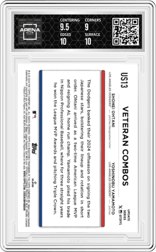 Shohei Ohtani/Yoshinobu Yamamoto from the 2024 Topps Update set featuring a Aqua parallel graded by Arena Club and given an overall grade of 9.5.