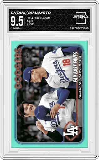 Shohei Ohtani/Yoshinobu Yamamoto from the 2024 Topps Update set featuring a Aqua parallel graded by Arena Club and given an overall grade of 9.5.