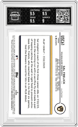 Sal Frelick from the 2024 Topps Chrome Update set featuring a X-Fractor parallel graded by Arena Club and given an overall grade of 9.5.