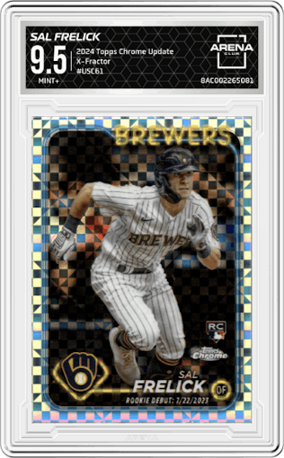 Sal Frelick from the 2024 Topps Chrome Update set featuring a X-Fractor parallel graded by Arena Club and given an overall grade of 9.5.