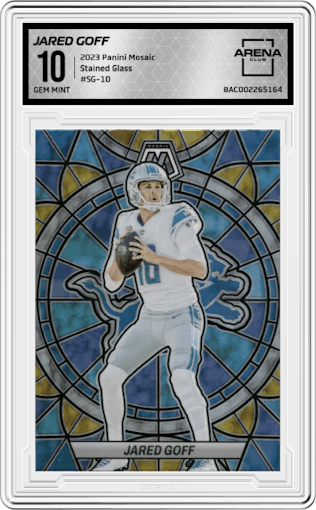 Jared Goff from the 2023 Panini Mosaic set graded by Arena Club and given an overall grade of 10.