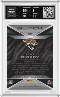Tank Bigsby from the 2023 Panini Black set featuring a Citrine parallel graded by Arena Club and given an overall grade of 9.