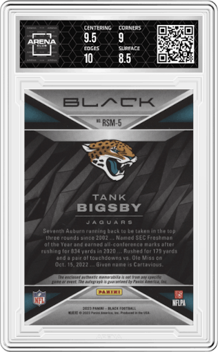 Tank Bigsby from the 2023 Panini Black set featuring a Citrine parallel graded by Arena Club and given an overall grade of 9.