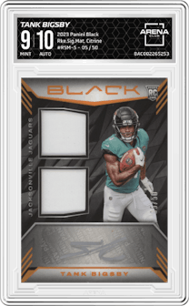 Tank Bigsby from the 2023 Panini Black set featuring a Citrine parallel graded by Arena Club and given an overall grade of 9.