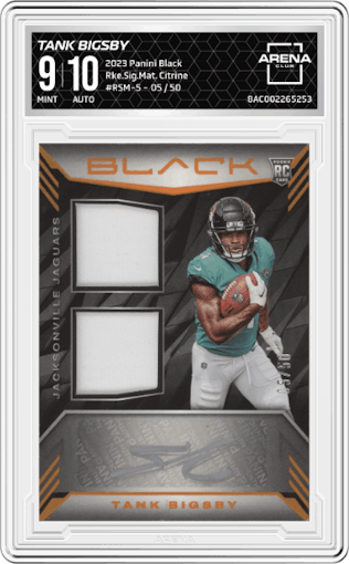 Tank Bigsby from the 2023 Panini Black set featuring a Citrine parallel graded by Arena Club and given an overall grade of 9.