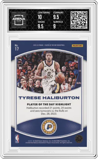 Tyrese Haliburton from the 2023-24 Panini Player of the Day set featuring a Gold parallel graded by Arena Club and given an overall grade of 9.5.