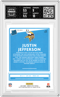 Justin Jefferson from the 2020 Panini Donruss Optic set featuring a Purple Shock parallel graded by Arena Club and given an overall grade of 9.5.