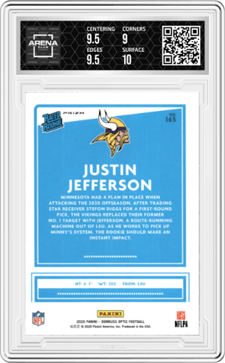 Justin Jefferson from the 2020 Panini Donruss Optic set featuring a Purple Shock parallel graded by Arena Club and given an overall grade of 9.5.