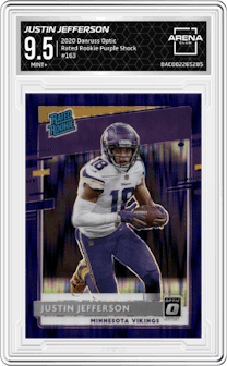 Justin Jefferson from the 2020 Panini Donruss Optic set featuring a Purple Shock parallel graded by Arena Club and given an overall grade of 9.5.
