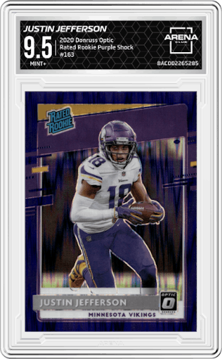 Justin Jefferson from the 2020 Panini Donruss Optic set featuring a Purple Shock parallel graded by Arena Club and given an overall grade of 9.5.