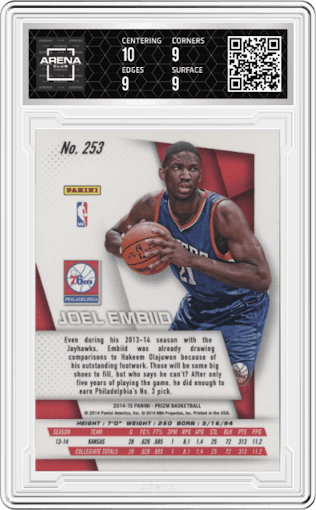 Joel Embiid from the 2014-15 Panini Prizm set graded by Arena Club and given an overall grade of 9.