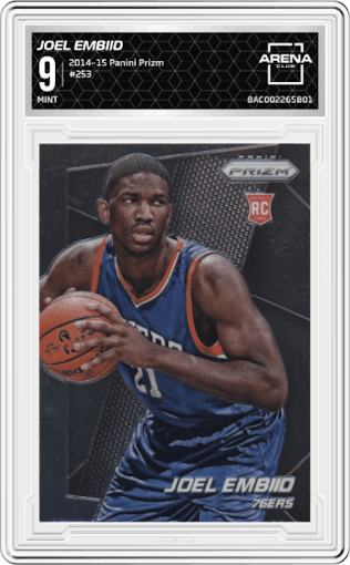 Joel Embiid from the 2014-15 Panini Prizm set graded by Arena Club and given an overall grade of 9.
