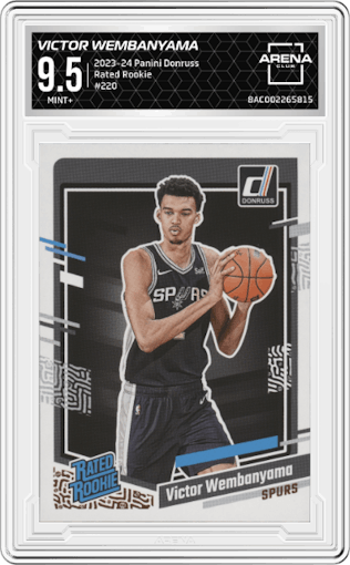 Victor Wembanyama from the 2023-24 Panini Donruss set graded by Arena Club and given an overall grade of 9.5.