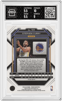 Stephen Curry from the 2022-23 Panini Prizm  set featuring a Silver Prizm parallel graded by Arena Club and given an overall grade of 9.5.
