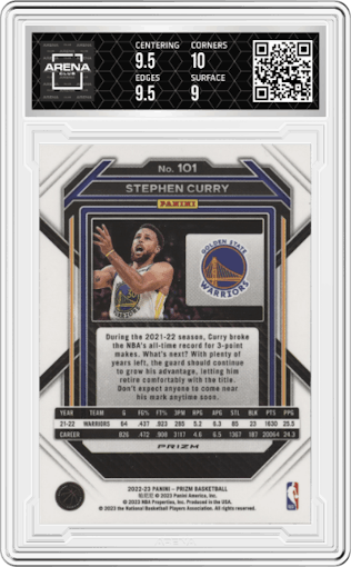 Stephen Curry from the 2022-23 Panini Prizm  set featuring a Silver Prizm parallel graded by Arena Club and given an overall grade of 9.5.